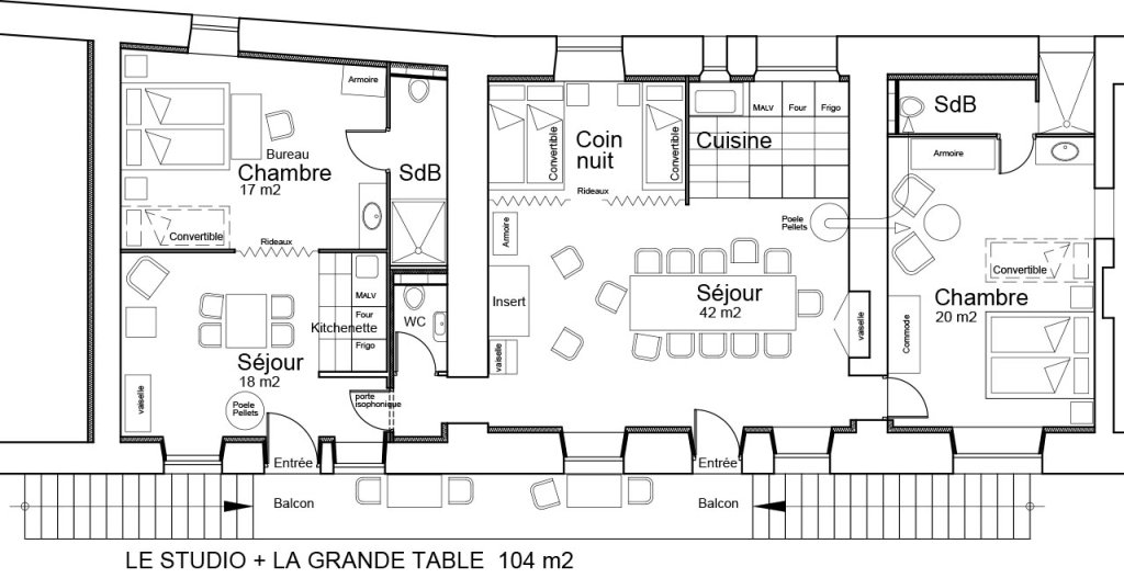 Plan du Gîte Familial - Location gîte Jura Bed &amp; Wine Mauffans, agencement combiné pour 9 personnes
