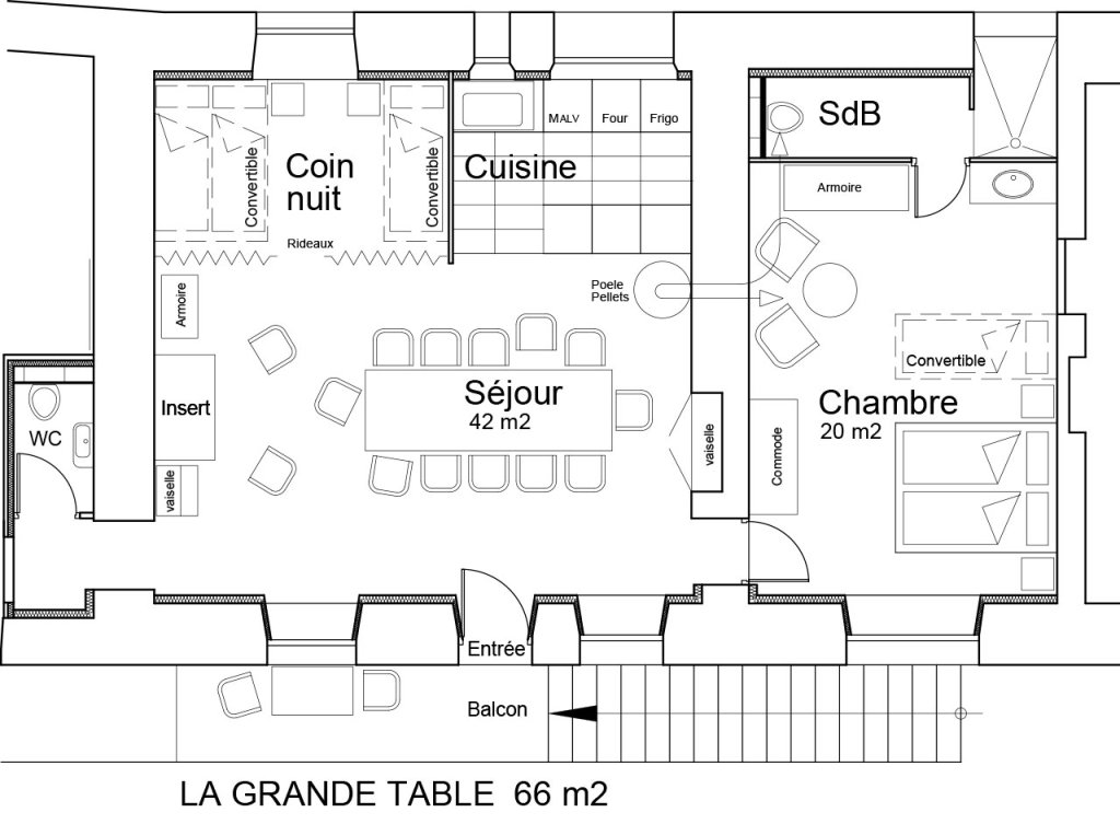 Plan de La Grande Table - Location gîte Jura Bed &amp; Wine Mauffans, agencement du gîte spacieux