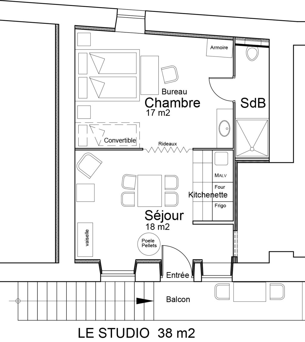 Plan du Studio - Location vacances Jura Bed &amp; Wine Mauffans, agencement du studio cosy